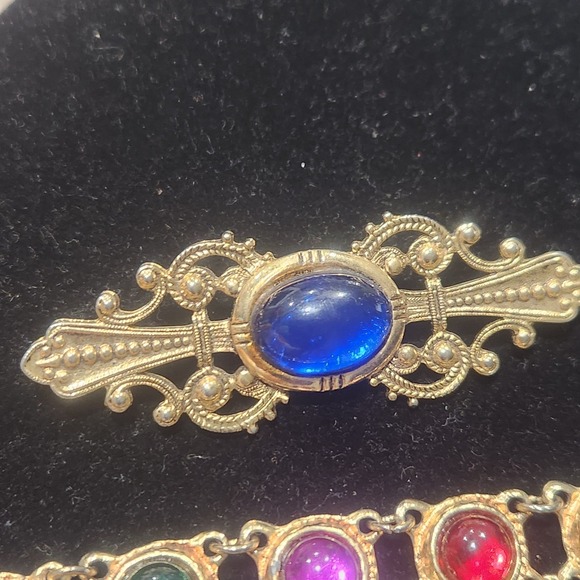 Multicolor Cabochon Jewelry lot Bracelet Brooch Gold Tone vintage - Picture 4 of 16